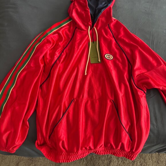 NWT Gucci Shiny Jersey Hooded Web Stripe Sweatshirt - Red - Picture 5 of 7